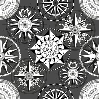 Seamless pattern with decorated compasses, sea marine objects and symbols, antique navigational devices. Vintage transportation and old adventures concept vector