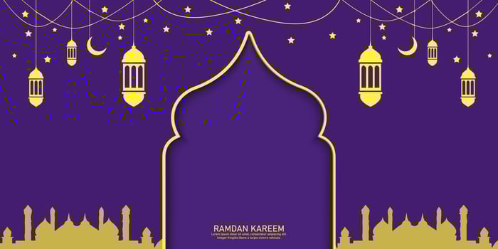 ramadan kareem greeting card with mosque and lanterns on purple background vector