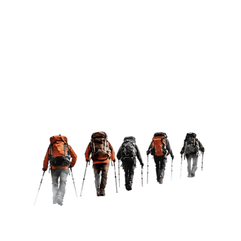 PNG Group of Hikers Trekking in Mountainous Landscape Against Transparent Background for Adventure, Travel, or Outdoor Branding Projects