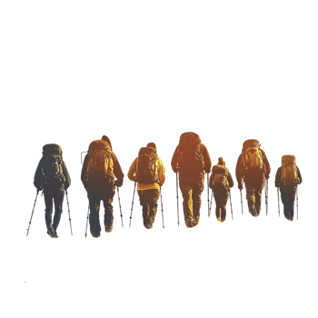 PNG Group of Hikers Trekking in Mountainous Landscape Against Transparent Background for Adventure, Travel, or Outdoor Branding Projects