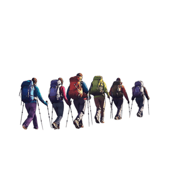 PNG Group of Hikers Trekking in Mountainous Landscape Against Transparent Background for Adventure, Travel, or Outdoor Branding Projects