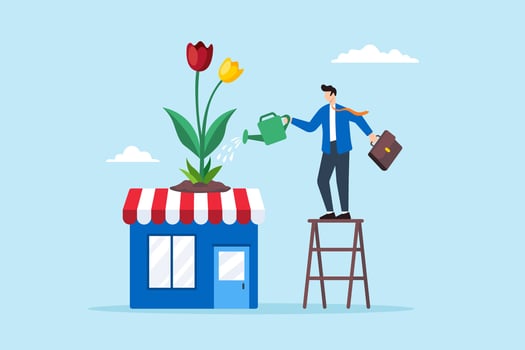 Flat illustration of businessman watering blooming shop plant symbolizing entrepreneur growth and business expansion vector
