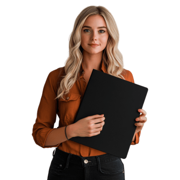 A Woman Holding a Laptop and a Picture of a Woman Holding a Laptop png