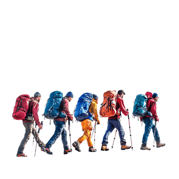 PNG Group of Hikers Trekking in Mountainous Landscape Against Transparent Background for Adventure, Travel, or Outdoor Branding Projects
