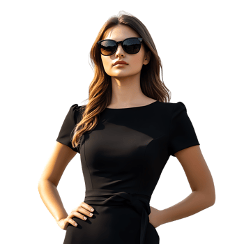PNG Stylish Woman in Black Dress with Sunglasses Against Transparent Background