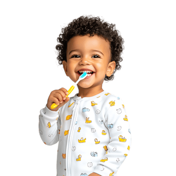 PNG Smiling Toddler Boy Brushing Teeth with Toothbrush Against Transparent Background