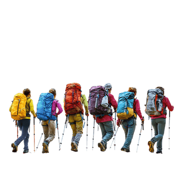 PNG Group of Hikers Trekking in Mountainous Landscape Against Transparent Background for Adventure, Travel, or Outdoor Branding Projects