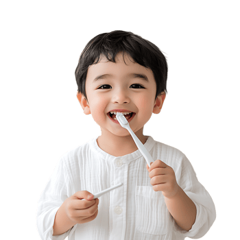 PNG Smiling Toddler Boy Brushing Teeth with Toothbrush Against Transparent Background