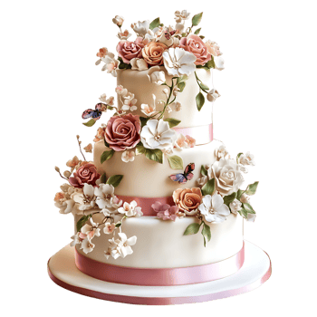 Elegant Three Tiered, Wedding Cake Adorned with Exquisite Decorations Against Transparent Background for Wedding Invitations, Bakery Branding, or Luxury Event Promotions png