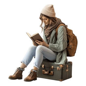 Woman Sits on a Suitcase and Reads a Book Isolated Against White Background png