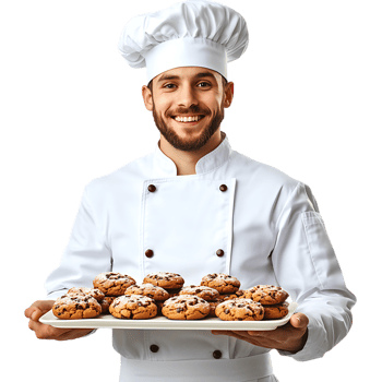 PNG Happy Young Chef Presenting Freshly Baked Cookies on a Tray Against Transparent Background