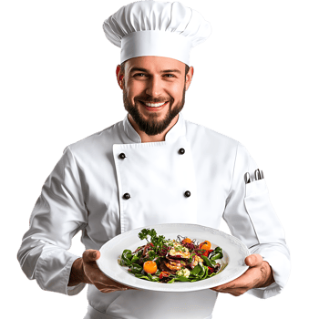 PNG Professional Chef Presenting a Gourmet Dish with a Smile Against Transparent Background