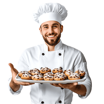 PNG Happy Young Chef Presenting Freshly Baked Cookies on a Tray Against Transparent Background