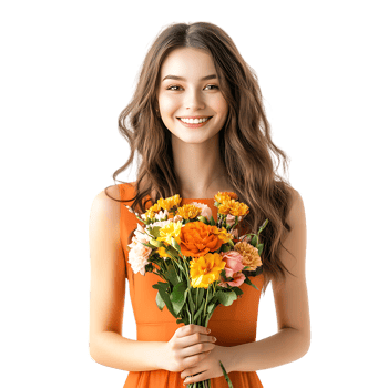 PNG Smiling Woman in Orange Dress Holding Flowers Against Transparent Background