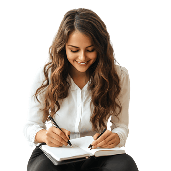 PNG Smiling Woman Writing in Notebook Against Transparent Background