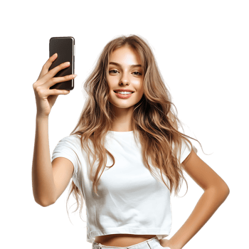 PNG Young Woman Taking a Selfie with a Smartphone Against Transparent Background for Social Media Branding, Influencer Promotions, or Lifestyle Graphics