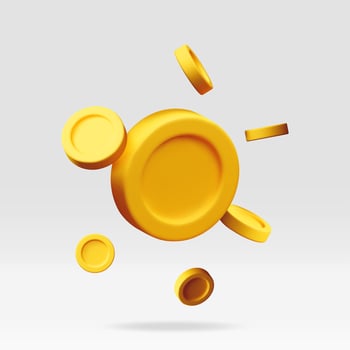 3d falling gold coins, money rain. Render golden coins. Rotating empty golden money sign. Growth, income, savings, investment, wealth vector