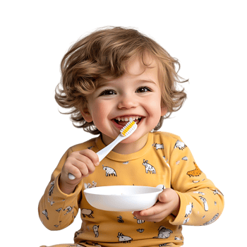 PNG Smiling Toddler Boy Brushing Teeth with Toothbrush Against Transparent Background