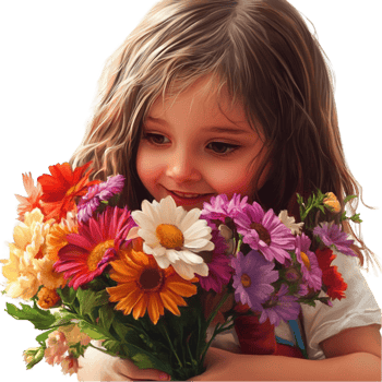 Smiling Girl Holding Colorful Bouquet png