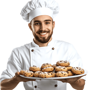 PNG Happy Young Chef Presenting Freshly Baked Cookies on a Tray Against Transparent Background