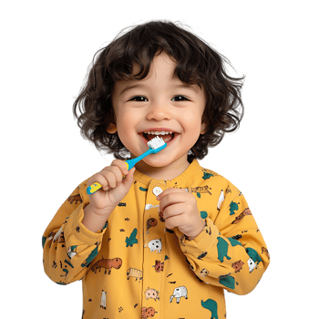 PNG Smiling Toddler Boy Brushing Teeth with Toothbrush Against Transparent Background