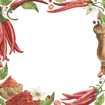 Square frame with spices, red chili pepper, pepper shaker, wooden scoop, leaves and flowers. Watercolor illustration hand drawn in botanical style in red, brown, green shades. For packaging design png