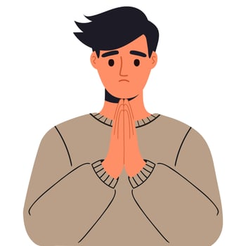Young sad man folding his hands in a prayer gesture and asking for forgiveness vector