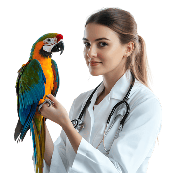 PNG Young Female Veterinarian Holding a Colorful Parrot Against Transparent Background for Animal Care Branding, Veterinary Promotions, or Pet-Themed Designs