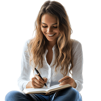 PNG Smiling Woman Writing in Notebook Against Transparent Background
