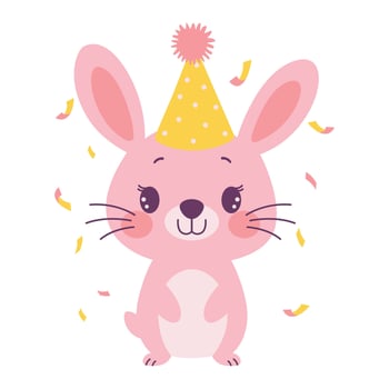 Happy Funny Pink Rabbit Animal Cartoon Character Wearing Cone Hat Celebrating Birthday Party vector