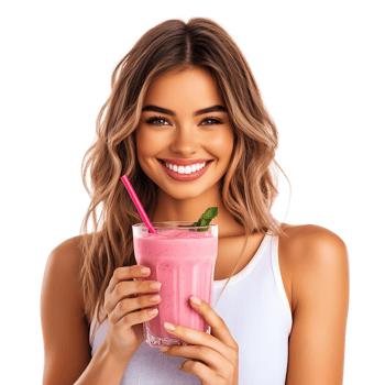 PNG Smiling Woman Holding a Pink Smoothie Against Transparent Background