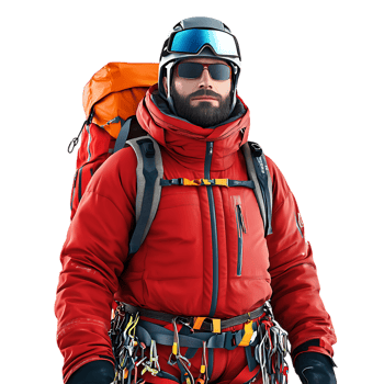 PNG Male Mountain Climber Geared Up for Winter Expedition Against Transparent Background