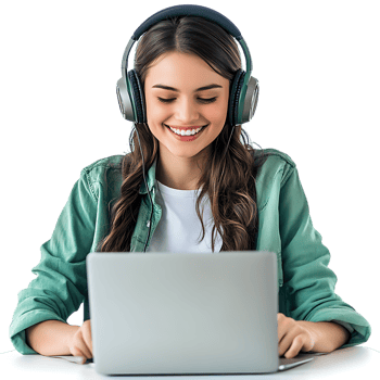 PNG Smiling Woman in Green Shirt Working on Laptop with Headphones Against Transparent Background