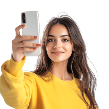 PNG Young Woman Taking a Selfie with a Smartphone Against Transparent Background for Social Media Branding, Influencer Promotions, or Lifestyle Graphics