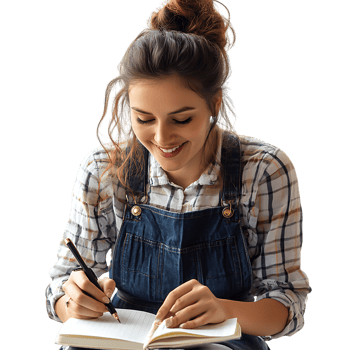 PNG Smiling Woman Writing in Notebook Against Transparent Background