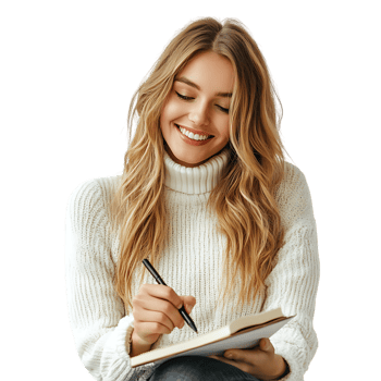 PNG Smiling Woman Writing in Notebook Against Transparent Background