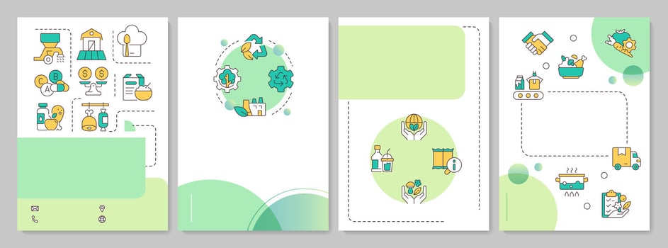 Food industry green circle brochure template. Environment preservation, natural. Leaflet design with linear icons. Editable 4 layouts vector