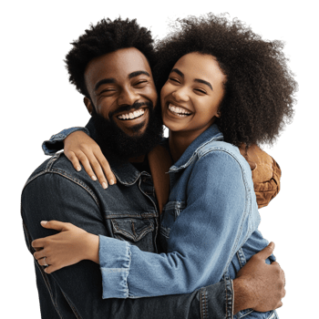 A couple hugging and smiling in front of a screen png