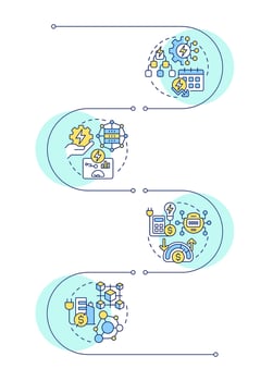 Energy consumption control methods infographic vertical sequence. Statistical metrics, management. Visualization infochart with 4 steps. Circles workflow vector
