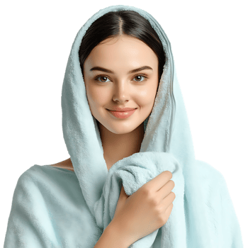 PNG Young Woman Holding Towel Against Transparent Background for Skincare Branding, Wellness Promotions, or Self-Care Graphics