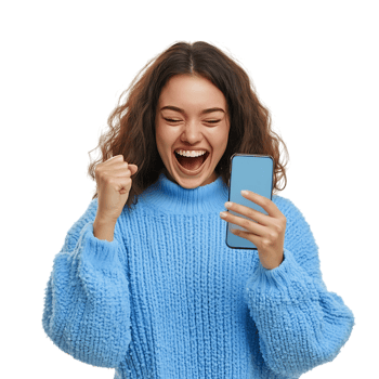 PNG Young Woman in Blue Sweater Celebrating Success with a Fist Pump Against Transparent Background for Achievement Graphics, Motivation-Themed Designs, or Business Promotions