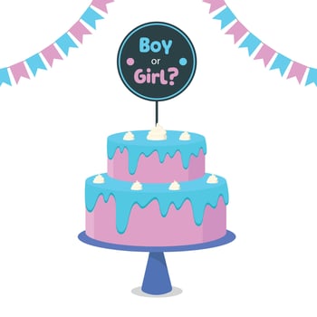 Gender reveal cake. Surprise for future parents. Boy or girl. Gender party decor. vector