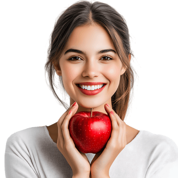 PNG Smiling Woman Holding Red Apple Against Transparent Background