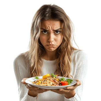 PNG Woman Refusing a Plate of Food with a Disappointed Expression Against Transparent Background for Dieting, Food Awareness, or Health Campaigns