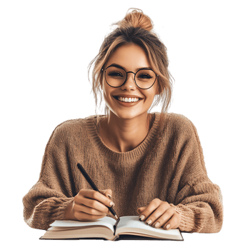 PNG Smiling Woman Writing in Notebook Against Transparent Background