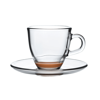 Glass Espresso Cup With Chocolate At The Bottom On Saucer png