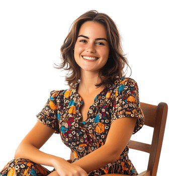 PNG Smiling Woman in Patterned Dress Sitting in Wooden Chair Against Transparent Background