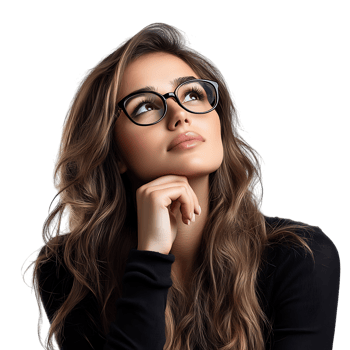 PNG Pensive Young Woman Wearing Glasses Touching Her Chin Against Transparent Background