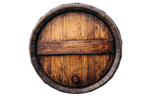 Close-up of a barrel circular end, showing wooden planks and a centered cork, giving a view of old-world craftsmanship png
