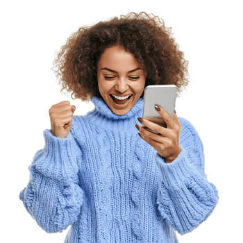 PNG Young Woman in Blue Sweater Celebrating Success with a Fist Pump Against Transparent Background for Achievement Graphics, Motivation-Themed Designs, or Business Promotions
